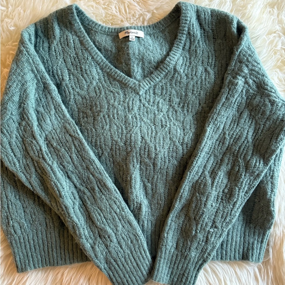Madewell Teal V-Neck Cable Knit Sweater